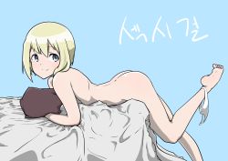 Rule 34 | 1girl, absurdres, ass, bad id, bad pixiv id, blonde hair, blue background, blush, closed mouth, erica hartmann, highres, looking at viewer, looking to the side, lying, nude, hugging object, on stomach, panties, panties around leg, pillow, pillow hug, shiny skin, short hair, shoulder blades, simple background, smile, solo, strike witches, underwear, white panties, world witches series