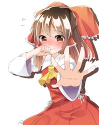 Rule 34 | 1girl, abe suke, ascot, blush, bow, brown eyes, brown hair, commentary request, cowboy shot, detached sleeves, flying sweatdrops, hair bow, hair tubes, hakurei reimu, hand up, highres, long sleeves, looking at viewer, red bow, red skirt, shadow, sidelocks, simple background, skirt, skirt set, solo, touhou, white background