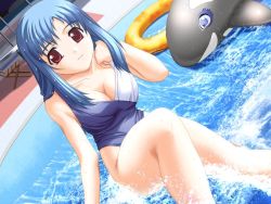Rule 34 | 1girl, adjusting hair, blue hair, breasts, casual one-piece swimsuit, chair, cherish pizza wa ikaga desu ka, cleavage, dutch angle, folding chair, game cg, inflatable raft, inflatable toy, innertube, large breasts, light smile, long hair, looking at viewer, non-web source, one-piece swimsuit, pool, red eyes, shallow water, sitting, solo, sumikawa itsumi, swim ring, swimsuit, table, tajima nao, water, whale