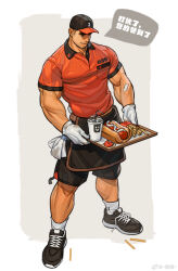 Rule 34 | 1boy, absurdres, bara, baseball cap, black hair, black shorts, collared shirt, dark-skinned male, dark skin, employee uniform, fast food, food, full body, hat, highres, holding, holding tray, laces, large pectorals, male focus, muscular, muscular male, orange shirt, original, pectorals, sausage, sexually suggestive, shirt, shoes, short hair, shorts, smile, sneakers, solo, standing, tray, uniform, xian miao