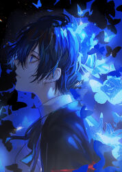 Rule 34 | 1boy, armband, asano (kazusasn), blue butterfly, blue eyes, blue hair, bug, butterfly, from side, gekkoukan high school uniform, glowing butterfly, hair between eyes, highres, insect, light particles, looking ahead, male focus, parted lips, persona, persona 3, profile, school uniform, short hair, solo, yuuki makoto (persona 3)