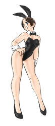 Rule 34 | 1girl, absurdres, animal ears, bare legs, bare shoulders, black bow, black bowtie, black footwear, black leotard, bow, bowtie, brown hair, commentary request, cross game, detached collar, fake animal ears, full body, hand on own hip, high heels, highleg, highleg leotard, highres, leotard, playboy bunny, rabbit ears, short hair, simple background, solo, standing, strapless, strapless leotard, toshinoshin, tsukishima aoba, white background, wrist cuffs