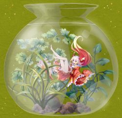 Rule 34 | 1girl, ahoge, air bubble, bare legs, barefoot, black hair, blonde hair, bowl, bubble, fins, fishbowl, floating hair, frilled kimono, frilled sleeves, frills, full body, grass, green background, head fins, highres, hikimayu, japanese clothes, kimono, long hair, long sleeves, looking at viewer, multicolored hair, open mouth, original, personification, ramuya (lamb), red hair, red kimono, rock, short kimono, solo, underwater, white hair, wide sleeves