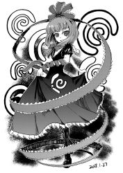Rule 34 | 1girl, arm ribbon, boots, clothes lift, crazy eyes, cross-laced footwear, dated, dress, dress lift, frilled dress, frills, front ponytail, greyscale, hair ribbon, heran hei mao, kagiyama hina, knee boots, lace-up boots, looking at viewer, medium hair, monochrome, ribbon, short sleeves, smile, spiral, swirl, tiptoes, touhou