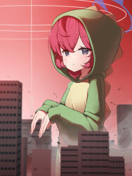 Rule 34 | 1girl, absurdres, bananafish1111, blue archive, building, city, closed mouth, dinosaur costume, dinosaur hood, dinosaur tail, giant, giantess, green hoodie, grey eyes, halo, highres, hood, hood up, hoodie, iroha (blue archive), long hair, long sleeves, looking at viewer, red hair, red sky, sky, skyscraper, solo, tail