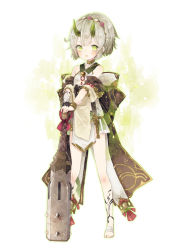 Rule 34 | 1girl, bandaged arm, bandaged foot, bandages, bare shoulders, barefoot, black gloves, blush, club, club (weapon), commentary request, copyright request, detached sleeves, fang, gloves, green eyes, hands on hilt, highres, horns, japanese clothes, kanabou, kikka (kicca choco), kimono, legs apart, long sleeves, looking at viewer, oni, oni horns, parted lips, pelvic curtain, short hair, short kimono, silver hair, single glove, sleeveless, sleeveless kimono, solo, spiked club, standing, v-shaped eyebrows, weapon, white background, white kimono, wide sleeves