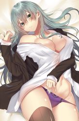 Rule 34 | 1girl, aqua hair, ascot, blanket, breasts, brown thighhighs, cleavage, green eyes, hair between eyes, hair ornament, hairclip, highres, jacket, kantai collection, large breasts, long hair, long sleeves, looking at viewer, lying, no bra, on bed, onineko-chan, open clothes, open jacket, open shirt, panties, parted lips, purple panties, remodel (kantai collection), school uniform, shirt, smile, solo, stomach, suzuya (kancolle), thighhighs, underwear, white shirt