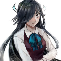 Rule 34 | 1girl, black hair, blue neckwear, breasts, brown eyes, closed mouth, dress, hagioshi, hair over one eye, hayashimo (kancolle), highres, kantai collection, long hair, long sleeves, medium breasts, purple dress, ribbon, school uniform, shirt, simple background, solo, upper body, white background, white ribbon, white shirt