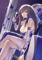 Rule 34 | 1girl, alcohol, armpit crease, azur lane, bare shoulders, breasts, bridal garter, chair, choker, cleavage, crossed legs, cup, dress, drinking glass, elbow gloves, fingerless gloves, gloves, grey hair, hair ornament, hand up, highres, holding, itaco, large breasts, long hair, looking at viewer, mole, mole under eye, red eyes, ribbon choker, saint-louis (azur lane), saint-louis (holy knight&#039;s resplendence) (azur lane), saint-louis (holy knight&#039;s resplendence) (azur lane), sitting, sleeveless, sleeveless dress, smile, solo, spaghetti strap, strap gap, thighs, white dress, white gloves, wine, wine glass