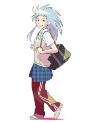 Rule 34 | 1990s (style), 1girl, blue hair, blue skirt, breasts, earrings, full body, grin, highres, jewelry, long hair, looking at viewer, plaid, plaid skirt, pleated skirt, pointy ears, retro artstyle, ryouko (tenchi muyou!), simple background, skirt, small breasts, smile, solo, spiked hair, tenchi muyou!, ueyama michirou, unmoving pattern, white background, yellow eyes
