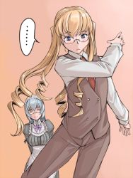 Rule 34 | 00s, 2girls, :&lt;, ^ ^, arms behind back, bespectacled, blonde hair, blue eyes, blush, bow, breasts, closed eyes, drill hair, closed eyes, formal, glasses, large breasts, long hair, maid, multiple girls, necktie, aged up, pant suit, pants, ringlets, rozen maiden, shinku, silver hair, smile, spinning, suigintou, suit, sweat, sweatdrop, tsuda nanafushi, twintails