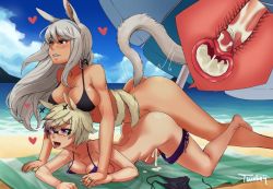Rule 34 | 2girls, animal ears, ass, beach, bikini, blonde hair, blush, breasts, brown eyes, cat ears, cat tail, cum, cum in pussy, ejaculation, final fantasy, final fantasy xiv, futa with female, futanari, glasses, heart, jewelry, large breasts, long hair, lying, medium breasts, miqo&#039;te, multiple girls, penis, purple eyes, ring, sand, sex, sex from behind, short hair, silver hair, square enix, swimsuit, tail, tail wrap, tongue, tongue out, top-down bottom-up, towel, twobey, umbrella, uncensored, water, x-ray
