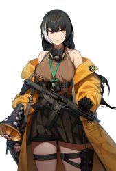 Rule 34 | 1girl, absurdres, black hair, breasts, carrying bag, cero (last2stage), collarbone, colt 9mm smg, expressionless, gas mask, girls&#039; frontline, gloves, gun, heterochromia, highres, id card, jacket, lanyard, large breasts, m4 sopmod ii jr, mask, mask around neck, megaphone, mod3 (girls&#039; frontline), multicolored hair, noveske space invader, pouch, red eyes, ro635 (girls&#039; frontline), ro635 (mod3) (girls&#039; frontline), sidelocks, simple background, skirt, sleeveless, sleeveless sweater, solo, streaked hair, submachine gun, sweater, thigh pouch, thighs, weapon, white background, white hair, yellow eyes, yellow jacket