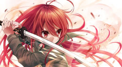 Rule 34 | 1girl, alastor (shakugan no shana), anno masato, antenna hair, closed mouth, commentary, dot nose, fire, floating hair, green sailor collar, green serafuku, hair between eyes, highres, holding, holding weapon, jewelry, katana, long hair, long sleeves, looking to the side, pendant, red eyes, red hair, sailor collar, school uniform, serafuku, shakugan no shana, shana, solo, sword, upper body, v-shaped eyebrows, very long hair, weapon