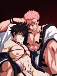 Rule 34 | 2boys, abs, black hair, bound, chest tattoo, evil smile, extra eyes, facial tattoo, frown, fushiguro megumi, groin, highres, jacket, japanese clothes, jujutsu kaisen, kimono, leg tattoo, looking at viewer, male focus, multiple boys, muscular, muscular male, nala1588, navel, nipples, pectorals, pink hair, pubic tattoo, red eyes, ryoumen sukuna (jujutsu kaisen), shibari, short hair, size difference, smile, smirk, spiked hair, tattoo, white kimono, yaoi