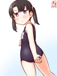 Rule 34 | 1girl, alternate costume, artist logo, black hair, black one-piece swimsuit, commentary request, cowboy shot, dated, from behind, kanon (kurogane knights), kantai collection, looking at viewer, looking back, name tag, one-hour drawing challenge, one-piece swimsuit, purple eyes, school swimsuit, short hair, shounan (kancolle), simple background, solo, standing, swimsuit, twintails, white background