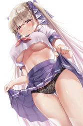 Rule 34 | 1girl, absurdres, azur lane, black panties, black ribbon, blush, breasts, classic (zildjian33), clothes lift, cropped shirt, dutch angle, formidable (azur lane), from below, hair ribbon, highres, large breasts, lifting own clothes, long hair, looking at viewer, looking down, midriff, neckerchief, no bra, panties, platinum blonde hair, pleated skirt, purple skirt, red neckerchief, ribbon, school uniform, shirt, short sleeves, skirt, skirt lift, solo, thigh gap, twintails, underboob, underwear, uniform, very long hair, white shirt