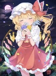 Rule 34 | 1girl, ascot, blonde hair, blush, closed eyes, collared shirt, crystal, facing viewer, flandre scarlet, flower, frilled skirt, frills, full moon, hair between eyes, hat, highres, holding, holding flower, long hair, mob cap, moon, petals, puffy short sleeves, puffy sleeves, purple flower, ramudia (lamyun), red flower, red skirt, red vest, shirt, short sleeves, side ponytail, skirt, solo, touhou, twitter username, vest, white flower, white hat, white shirt, wings, yellow ascot, yellow flower