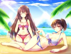 Rule 34 | 10s, 2girls, akagi (kancolle), alternate costume, arm support, armpits, bare arms, bare legs, beach, bikini, blue bikini, blurry, breasts, brown eyes, brown hair, cleavage, closed eyes, cloud, cloudy sky, collarbone, colored eyelashes, day, depth of field, fingernails, front-tie top, groin, highres, kaga (kancolle), kantai collection, kirise, long hair, looking at viewer, lying, md5 mismatch, medium breasts, midriff, multiple girls, nail polish, navel, on side, outdoors, red bikini, shiny skin, short hair, side-tie bikini bottom, side ponytail, signature, sitting, sky, smile, stomach, swimsuit, thigh gap, wide hips