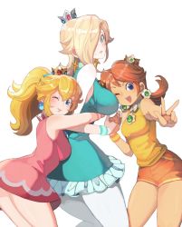 Rule 34 | 3girls, alternate costume, bad id, bad pixiv id, blonde hair, blue eyes, blush, breasts, brown hair, crown, earrings, flower earrings, friends, girl sandwich, hair over one eye, happy, height difference, holding hands, hoshikuzu pan, hug, hug from behind, jewelry, legs, looking at viewer, mario (series), mario tennis, mario tennis aces, mini crown, miniskirt, multiple girls, nintendo, one eye closed, open mouth, pantyhose, ponytail, princess, princess daisy, princess peach, rosalina, sandwiched, short shorts, shorts, simple background, skirt, sleeveless, smile, super mario land, tennis daisy, tennis peach, tennis rosalina, thighs, v, white background, wristband