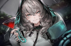 Rule 34 | 1girl, absurdres, aqua eyes, aqua nails, aqua wings, arknights, between breasts, breasts, cup, feathered wings, grey hair, hair between eyes, head wings, highres, ho&#039;olheyak (arknights), holding, holding cup, infection monitor (arknights), large breasts, long coat, looking at viewer, smile, snake tail, solo, strap between breasts, tail, talz, two-tone wings, wings