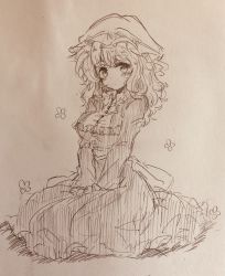 Rule 34 | 1girl, blush, buttons, closed mouth, collar, collared dress, commentary request, dress, efukei, flower, frilled dress, frills, full body, graphite (medium), greyscale, hands on lap, hat, highres, long hair, long sleeves, looking at viewer, maribel hearn, messy hair, mob cap, monochrome, sitting, solo, touhou, traditional media