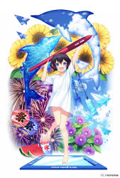Rule 34 | 1girl, :d, arms up, bare legs, barefoot, black hair, blue eyes, blue sky, blush, cloud, commentary request, copyright request, day, dolphin, drawing tablet, dress, fireworks, flower, food, hand fan, headphones, highres, holding, holding pen, jenevan, leg up, looking at viewer, official art, open mouth, oversized object, paper airplane, paper fan, pen, photoshop (medium), shaved ice, short hair, short sleeves, simple background, sky, smile, solo, standing, standing on one leg, sunflower, uchiwa, water drop, watermark, watermelon seeds, white background, white dress, wind chime