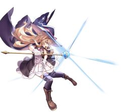 Rule 34 | 1girl, bandaid, bandaid on knee, bandaid on leg, brown footwear, dress, female focus, full body, gloves, hair between eyes, hairband, hat, highres, holding, holding staff, holding weapon, little witch nobeta, long hair, nobeta, official art, open mouth, purple thighhighs, red eyes, scepter, simple background, solo, staff, thighhighs, transparent background, weapon, white gloves, witch, witch hat
