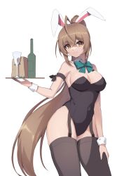 Rule 34 | 1girl, absurdres, ahoge, animal ears, arm ribbon, bare shoulders, black leotard, black thighhighs, bow, bowtie, breasts, brown eyes, brown hair, contrapposto, covered navel, cowboy shot, detached collar, fake animal ears, garter straps, hand on own thigh, highleg, highleg leotard, highres, holding, hololive, hololive english, leotard, long hair, looking at viewer, medium breasts, nanashi mumei, parted lips, playboy bunny, ponytail, rabbit ears, ribbon, simple background, smile, solo, standing, strapless, strapless leotard, thighhighs, ugwa, very long hair, virtual youtuber, white background, wrist cuffs