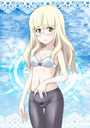 Rule 34 | 1girl, black pantyhose, blonde hair, blue background, blush, bra, breasts, cat cutout, cleavage, clothing cutout, collarbone, glasses, groin, heart, heart cutout, looking at viewer, medium breasts, medium hair, minpei ichigo, navel, ocean, open mouth, panties, panties under pantyhose, pantyhose, perrine h. clostermann, solo, sparkle, sparkle background, star (symbol), star cutout, strike witches, underwear, white bra, white panties, world witches series, yellow eyes