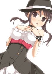 Rule 34 | 10s, 1girl, breasts, brown eyes, brown hair, choker, hat, kuro (be ok), large breasts, long hair, looking at viewer, off shoulder, okita sawa, open mouth, simple background, solo, tari tari, twintails, white background
