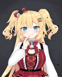 Rule 34 | 1girl, absurdres, akai haato, akai haato (gothic lolita), aqua eyes, blonde hair, blush, bow, bowtie, dress, finger to mouth, hair bow, hair ornament, hairclip, heart, heart hair ornament, highres, hololive, jewelry, licking lips, looking at viewer, nail polish, red dress, red nails, solo, tongue, tongue out, tor1 tmx, upper body, virtual youtuber