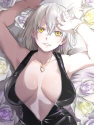 Rule 34 | 1girl, alternate costume, armpits, black dress, breasts, center opening, cleavage, commentary request, dress, fate/grand order, fate (series), flower, grey hair, grin, hair between eyes, highres, jeanne d&#039;arc alter (fate), jewelry, large breasts, lips, looking at viewer, lying, navel, necklace, pink lips, purple flower, purple rose, revealing clothes, ri o ne su, rose, short hair, sleeveless, sleeveless dress, smile, solo, yellow eyes, yellow flower, yellow rose