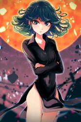 Rule 34 | 1girl, aura, bad id, bad pixiv id, black dress, blurry, blurry background, breasts, cowboy shot, crossed arms, curly hair, debris, dress, flipped hair, green eyes, green hair, highres, hip focus, light frown, light particles, looking at viewer, matching hair/eyes, moon, no panties, one-punch man, pelvic curtain, power lines, short hair, side slit, small breasts, solo, sukebeipeople, tatsumaki, thighs