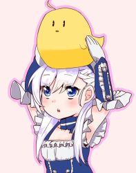 Rule 34 | 1girl, :o, aged down, animal, animal on head, arms up, azur lane, bad id, bad twitter id, belfast (azur lane), bird, blue dress, blue eyes, blush, chick, commentary request, dress, gloves, hands up, on head, outline, pink background, pink outline, round teeth, simple background, solo, soubi, teeth, upper body, white hair