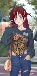 Rule 34 | 1girl, ahoge, animal print, bag, blue eyes, cellphone, closed mouth, cropped sweater, day, denim, ear piercing, earclip, hand in pocket, handbag, highres, holding, holding phone, jeans, leopard print, leotard, leotard under clothes, long hair, one side up, original, outdoors, pants, phone, piercing, red hair, smartphone, solo, some1else45, torn clothes, torn jeans, torn pants