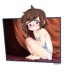 Rule 34 | 1girl, bare shoulders, barefoot, body freckles, brown hair, child, closed mouth, dress, female focus, fingernails, flat chest, freckles, full body, lily hopkins, looking at viewer, red eyes, short hair, solo, toenails, toes, virtual youtuber, white dress, yokappa (jokappa)