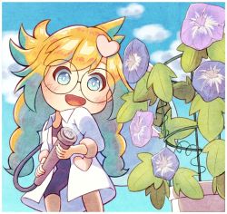 Rule 34 | 1girl, blue eyes, blue sky, blush, bodysuit, border, braid, cloud, coat, day, female focus, flower, glasses, hair ornament, heart, heart hair ornament, heart print, lab coat, leaf, long hair, matchamassa, nintendo, open clothes, open coat, open mouth, orange hair, outdoors, penny crygor, plant, potted plant, round eyewear, sky, sleeves rolled up, smile, solo, standing, twin braids, very long hair, warioware, white border, white coat