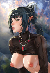 Rule 34 | 1girl, absurdres, artist name, baldur&#039;s gate, baldur&#039;s gate 3, black hair, black shirt, blurry, blurry background, blush, breasts, chain, character request, clothes lift, day, depth of field, dungeons &amp; dragons, gem, green eyes, hair ornament, highres, jewelry, large breasts, necklace, nipples, no bra, open mouth, outdoors, shadowheart (baldur&#039;s gate), shirt, shirt lift, solo, sweat, ultrabinou, upper body