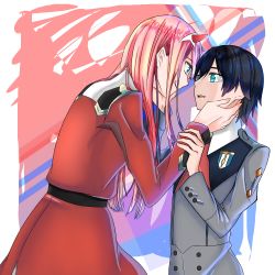 Rule 34 | 10s, 1boy, 1girl, black hair, blue eyes, commentary request, cookie uraaka, couple, darling in the franxx, dress, face-to-face, facing another, green eyes, grey shirt, hair ornament, hairband, hand on another&#039;s arm, hand on another&#039;s face, hand up, height difference, hetero, highres, hiro (darling in the franxx), horns, lipstick, long hair, long sleeves, looking at another, makeup, military, military uniform, necktie, oni horns, pink hair, red dress, red horns, red neckwear, shirt, tongue, tongue out, uniform, white hairband, zero two (darling in the franxx)