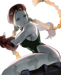 Rule 34 | 1girl, ass, bare shoulders, blonde hair, blue eyes, boots, braid, breasts, cammy white, curvy, fingerless gloves, from side, gloves, highres, large breasts, leotard, long hair, meke (77842928), sideboob, sleeveless, street fighter, thong leotard, twin braids, wide hips