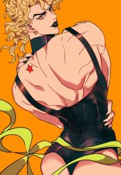 Rule 34 | 1boy, ass, back, birthmark, black leotard, black lips, black nails, blonde hair, closed mouth, commentary, dio brando, earrings, highres, jewelry, joestar birthmark, jojo no kimyou na bouken, leotard, long hair, looking at viewer, looking back, male focus, muscular, muscular male, no pants, orange background, shenshan laolin, simple background, smile, solo, stardust crusaders, symbol-only commentary, yellow eyes