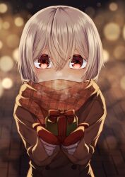Rule 34 | 1boy, blurry, blush, bokeh, box, breath, christmas, coat, covered mouth, depth of field, gift, gift box, grey hair, highres, holding, holding box, holding gift, long sleeves, looking at viewer, male focus, mittens, nekoishi haruno, original, outdoors, plaid, plaid scarf, red eyes, road, scarf, solo, street