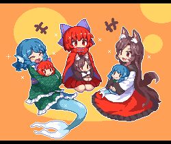 Rule 34 | 3girls, animal ears, black shirt, blue bow, blue hair, blue tail, bow, brown hair, cape, character doll, closed eyes, closed mouth, dress, fins, grass root youkai network, green kimono, hair bow, head fins, imaizumi kagerou, japanese clothes, kimono, kumamoto (bbtonhk2), long hair, long sleeves, lowres, mermaid, monster girl, multiple girls, obi, open mouth, pixel art, pleated skirt, red cape, red dress, red eyes, red hair, red skirt, sash, sekibanki, shirt, short hair, skirt, smile, tail, touhou, wakasagihime, white dress, wide sleeves, wolf ears, wolf tail