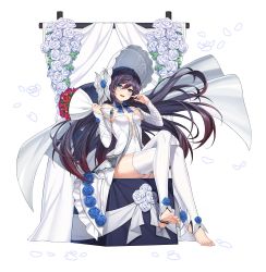 Rule 34 | 1girl, absurdres, bare shoulders, black hair, blue eyes, bouquet, breasts, counter:side, crossed legs, detached sleeves, dress, feet, floating hair, flower, full body, garter straps, gradient hair, hands up, hat, highres, holding, huge filesize, long hair, long sleeves, looking at viewer, multicolored hair, official alternate costume, official art, open mouth, rosaria (counter:side), rose, sitting, small breasts, smile, solo, thighhighs, toeless legwear, toes, transparent background, very long hair, wedding dress, white dress, white flower, white hat, white thighhighs