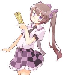 Rule 34 | 1girl, arnest, black necktie, blush, breasts, brown hair, cellphone, checkered clothes, checkered skirt, commentary request, cowboy shot, frilled shirt collar, frills, hair ribbon, hand up, hat, himekaidou hatate, holding, holding phone, long hair, looking at viewer, medium breasts, necktie, petticoat, phone, puffy short sleeves, puffy sleeves, purple eyes, purple ribbon, purple skirt, ribbon, short sleeves, simple background, skirt, smartphone, solo, standing, thighs, tokin hat, touhou, twintails, twintails day, very long hair, white background