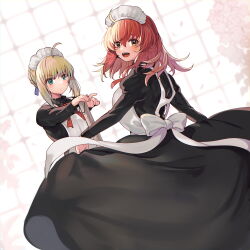 Rule 34 | 2girls, :d, ahoge, alternate costume, apron, artoria pendragon (all), artoria pendragon (fate), black dress, blonde hair, blue eyes, braid, brown eyes, closed mouth, commentary request, dress, enmaided, fate/grand order, fate (series), flower, from behind, fujimaru ritsuka (female), hair between eyes, highres, juliet sleeves, long hair, long sleeves, looking at viewer, looking back, maid, maid day, maid headdress, multiple girls, open mouth, petals, puffy sleeves, red hair, ruri rarako, saber (fate), smile, white apron