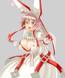 Rule 34 | 1girl, absurdres, ahoge, aqua eyes, arc system works, belt, blush, breasts, bridal veil, cleavage, clover, dress, elphelt valentine, four-leaf clover, gloves, guilty gear, guilty gear xrd, highres, huge breasts, looking at viewer, onji, open mouth, pink hair, ribbon, shiny skin, short hair, smile, solo, spikes, veil, wedding dress, white dress