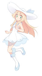 Rule 34 | 1girl, bare shoulders, blonde hair, blue footwear, blush, braid, breasts, clenched hands, creatures (company), dress, female focus, full body, game freak, green eyes, hand up, hat, highres, kneehighs, kouzuki (reshika213), leg up, light blush, lillie (pokemon), long hair, looking at viewer, nintendo, open mouth, pokemon, pokemon sm, see-through, shoes, simple background, sleeveless, sleeveless dress, small breasts, socks, solo, standing, standing on one leg, sun hat, twin braids, white background, white dress, white hat, white socks