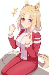 Rule 34 | animal ears, blonde hair, blush, breasts, clenched hands, gym uniform, highres, horse ears, horse girl, jacket, kumagitsune, large breasts, looking at viewer, multicolored hair, narita top road (umamusume), pants, purple eyes, red jacket, red pants, red track suit, short hair, simple background, sitting, smile, streaked hair, tracen training uniform, track jacket, track pants, umamusume, white background, white hair